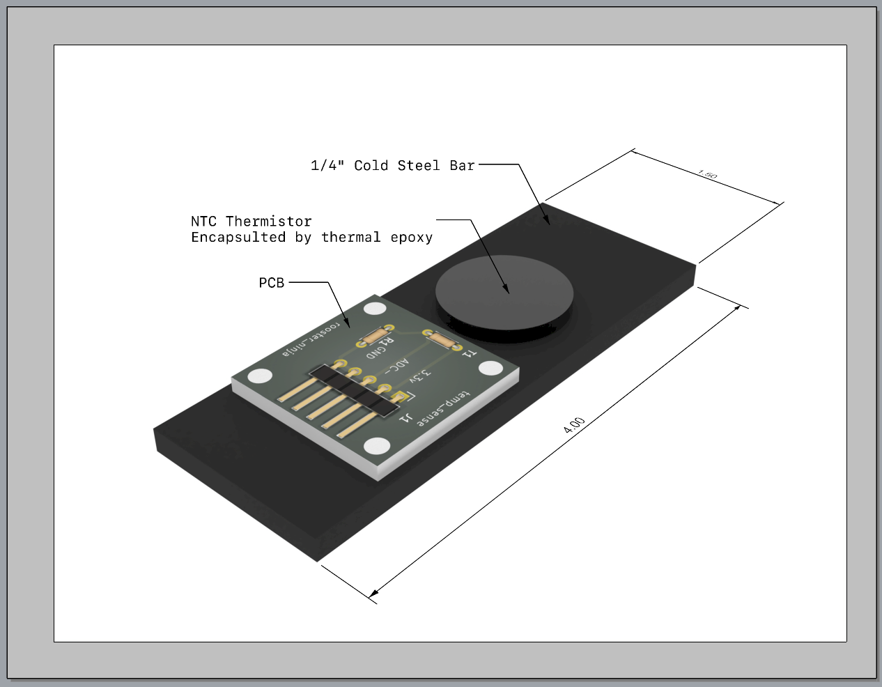 Sensor construction — NTC thermistor thermal-epoxied to 4″×1.5″×¼″ cold steel bar